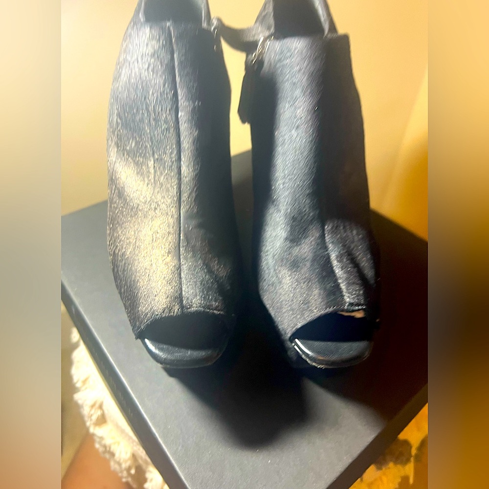 Most Favorite! A dark brownish leather with hair on platform